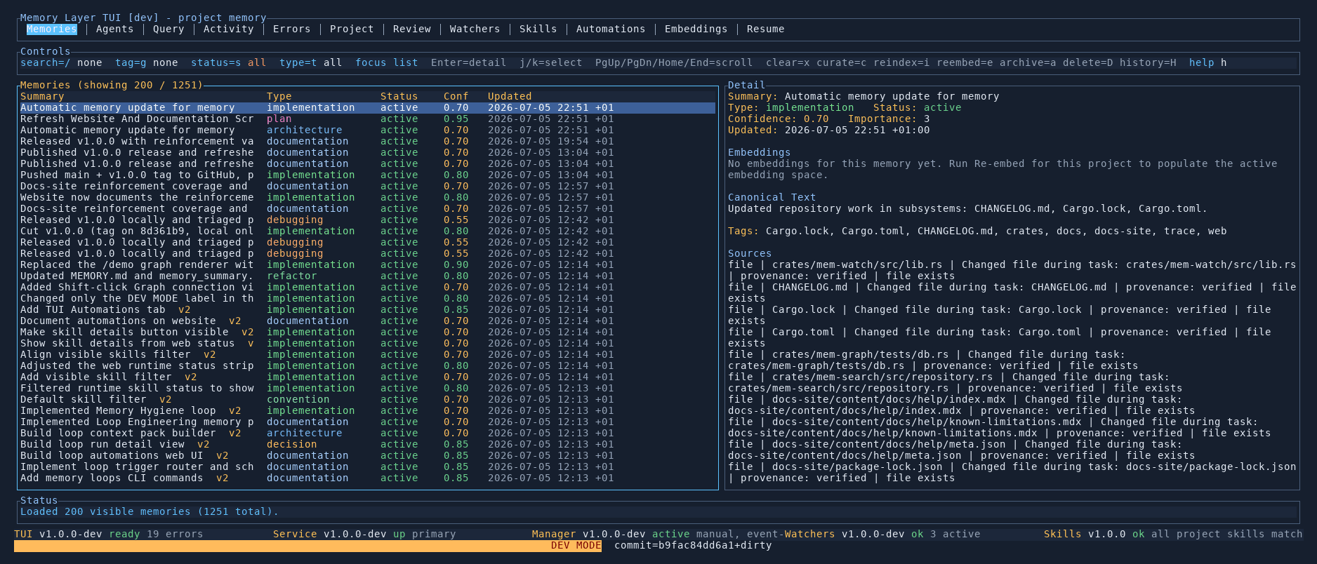 Memory Layer terminal UI overview
