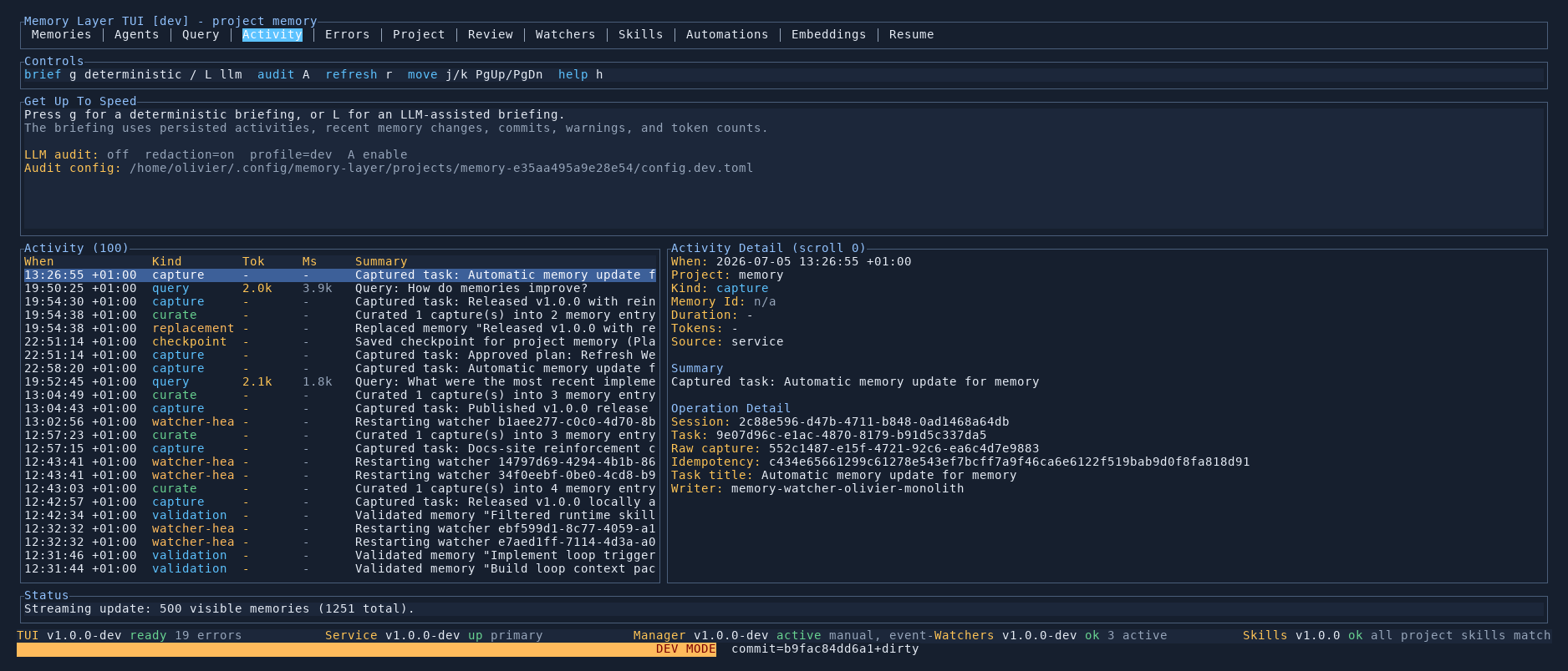 Memory Layer TUI Activity tab