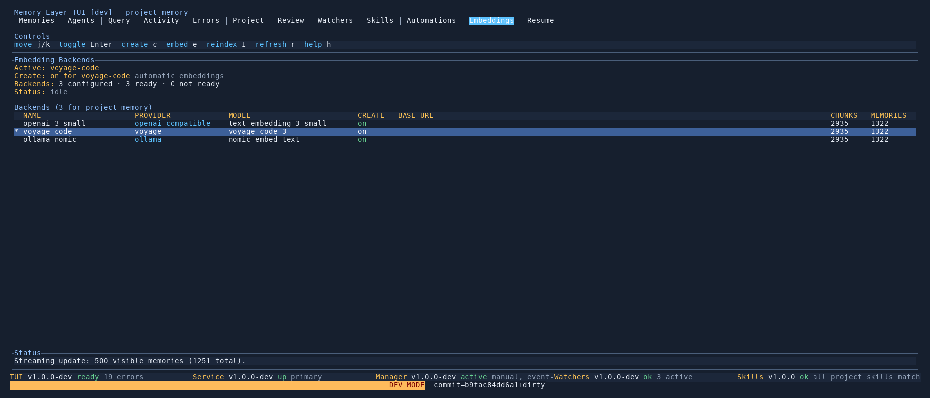 Memory Layer TUI Embeddings tab