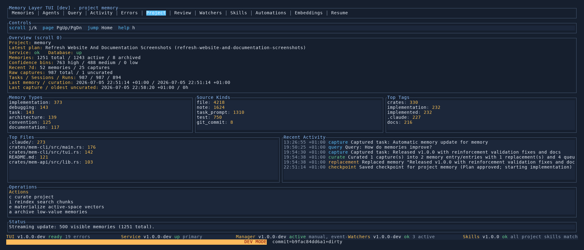 Memory Layer TUI Project tab
