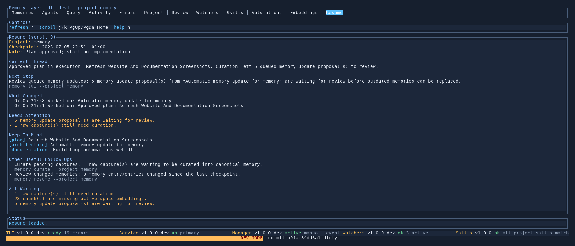 Memory Layer TUI Resume tab